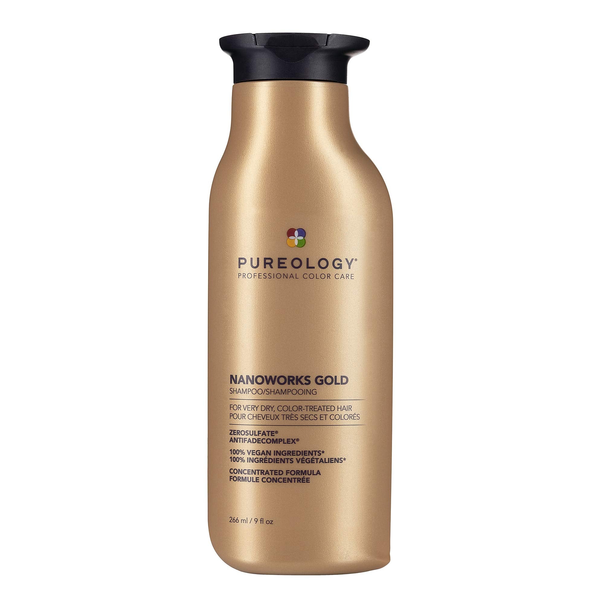 Pureology Nanoworks Gold shampoo bottle front highlights color protection and sulfate-free care.