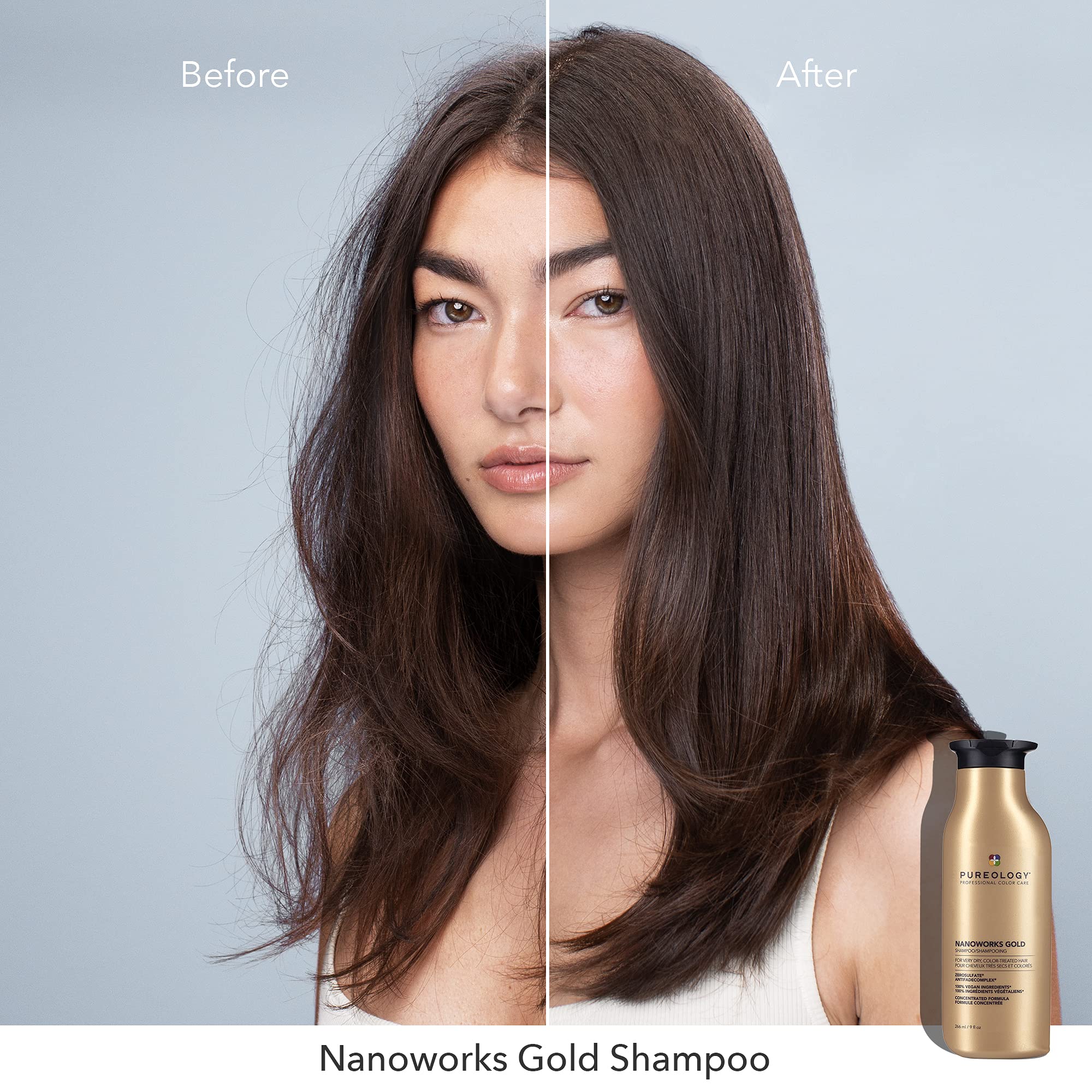 Pureology Nanoworks Gold shampoo lather shows rich foam for gentle cleansing.