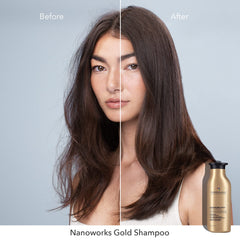 Pureology Nanoworks Gold shampoo lather shows rich foam for gentle cleansing.