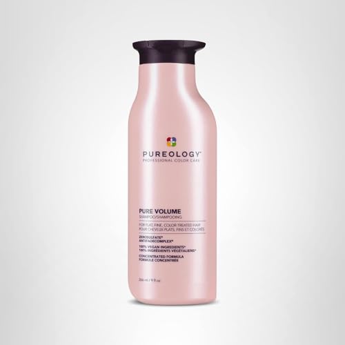 Pureology Pure Volume bottle close-up highlighting vegan, sulfate-free formula.