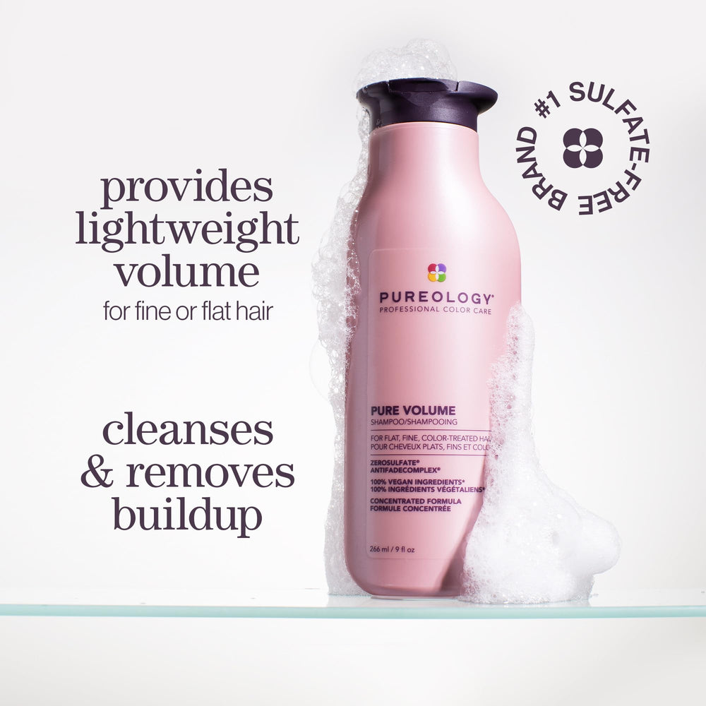 Pureology Pure Volume lather on hands demonstrates gentle cleansing for color-treated hair.