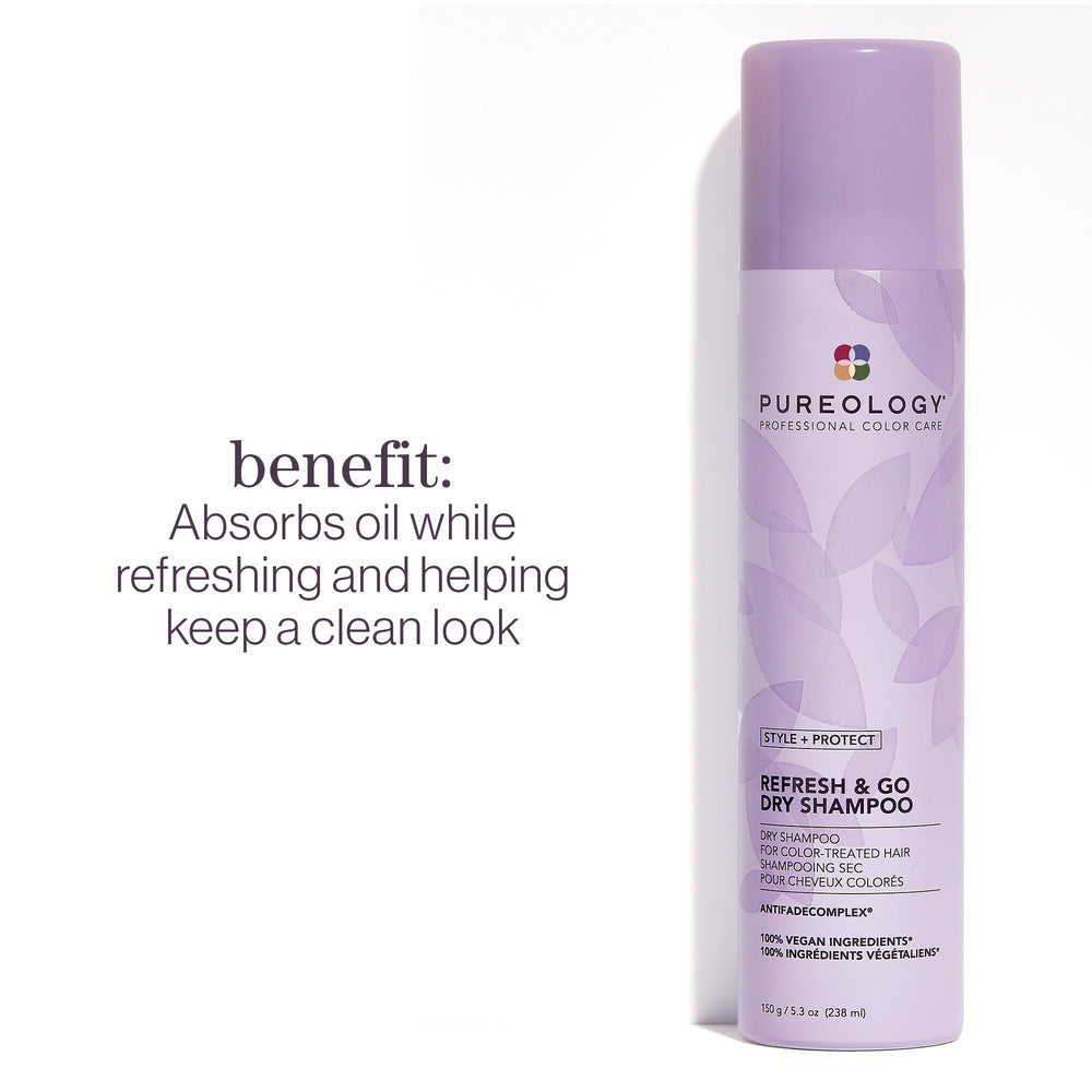 Pureology Refresh Go Dry Shampoo, enfoque en raíces, absorbe grasa para un look ligero.