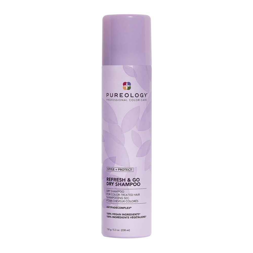 Pureology Refresh & Go Dry Shampoo at the roots for oil absorption and lift.