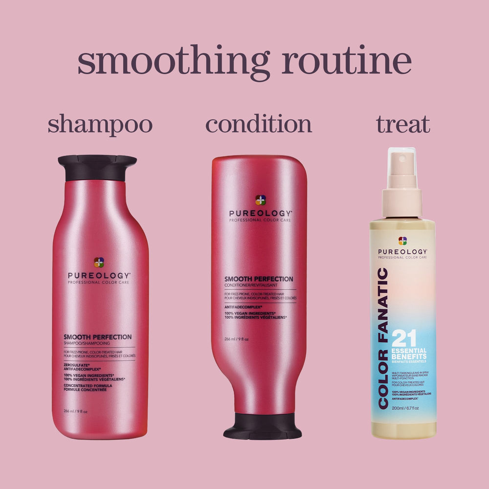Pureology Smooth Perfection Shampoo promotes color protection on treated hair.