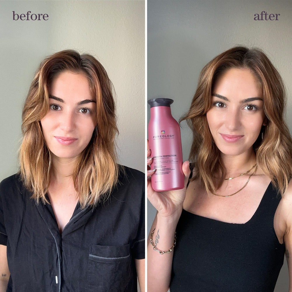Pureology Smooth Perfection Shampoo rinse reveals silky, detangled strands.
