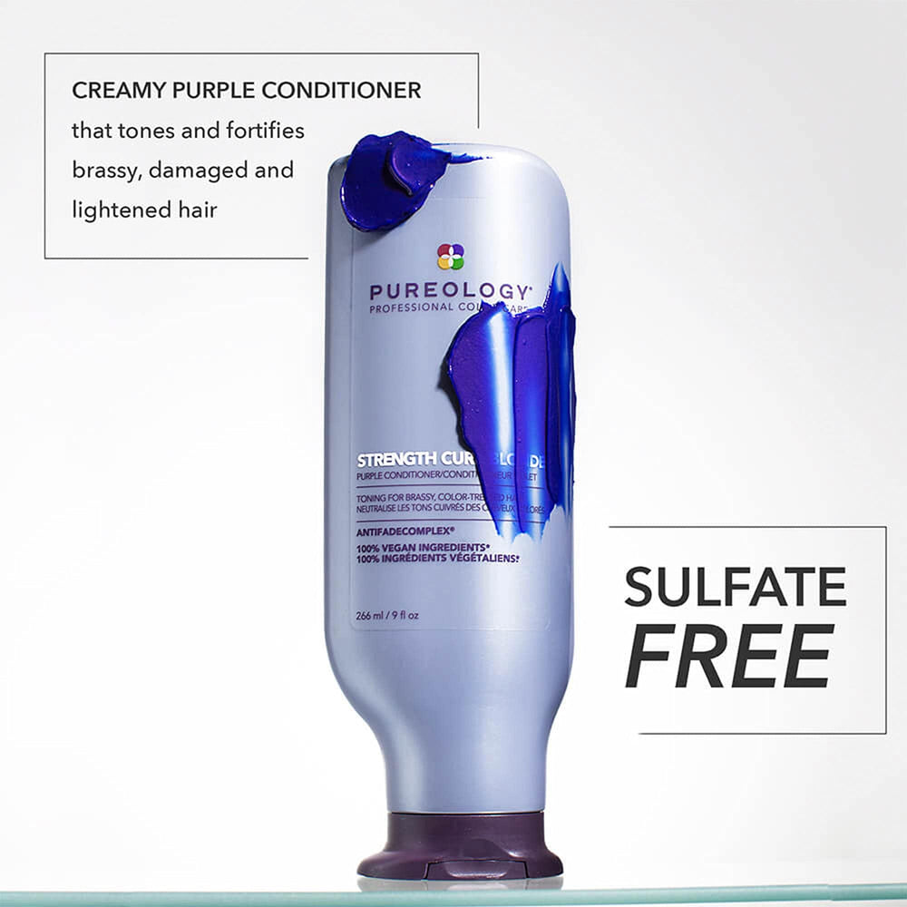 Pureology Strength Cure Blonde conditioner being dispensed, showing creamy purple formula for brassiness reduction.