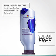 Pureology Strength Cure Blonde conditioner being dispensed, showing creamy purple formula for brassiness reduction.