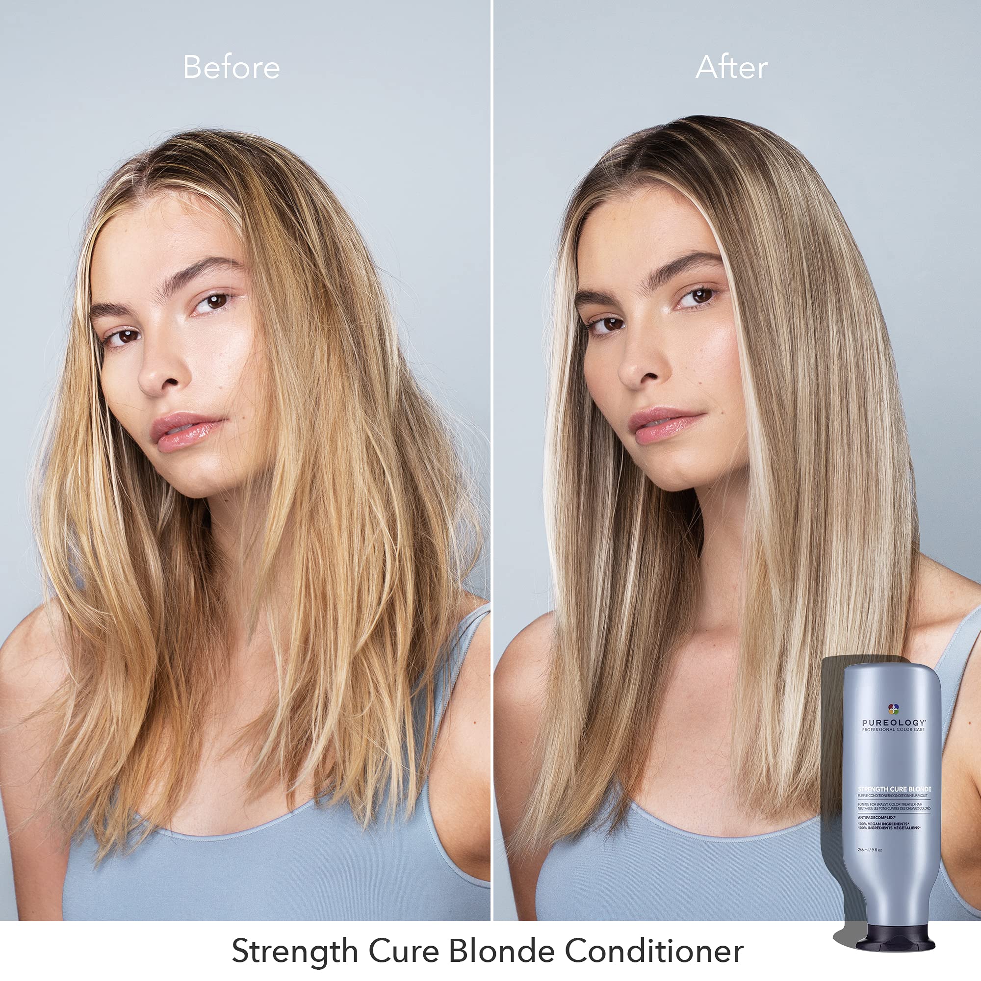 Hair strands coated with violet-toned conditioner for enhanced blondes.