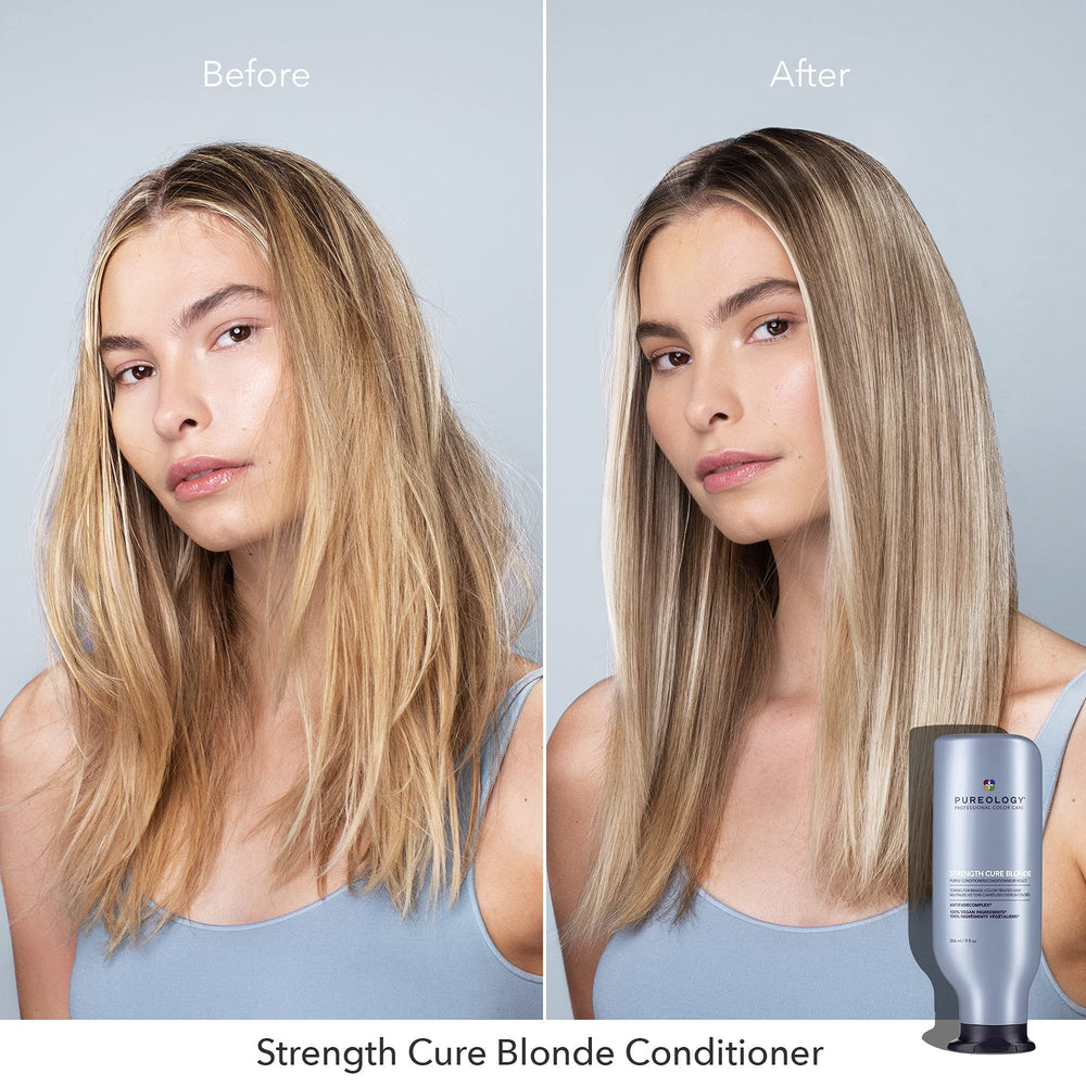 Hair strands coated with violet-toned conditioner for enhanced blondes.