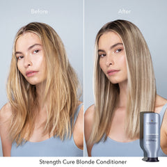 Hair strands coated with violet-toned conditioner for enhanced blondes.