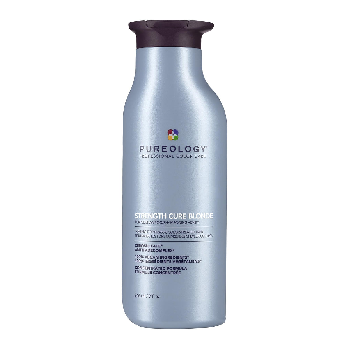 Pureology Strength Cure Blonde Purple Shampoo bottle pour tones brassiness in blond hair