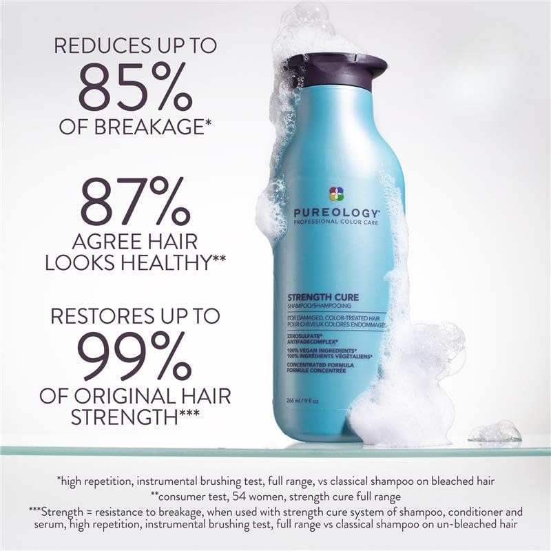 Close-up of Pureology Strength Cure label highlighting color-safe care.