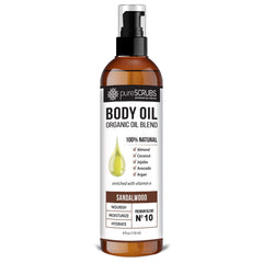 PureSCRUBS aceite corporal de sándalo en botella, cuidado suave para piel seca.
