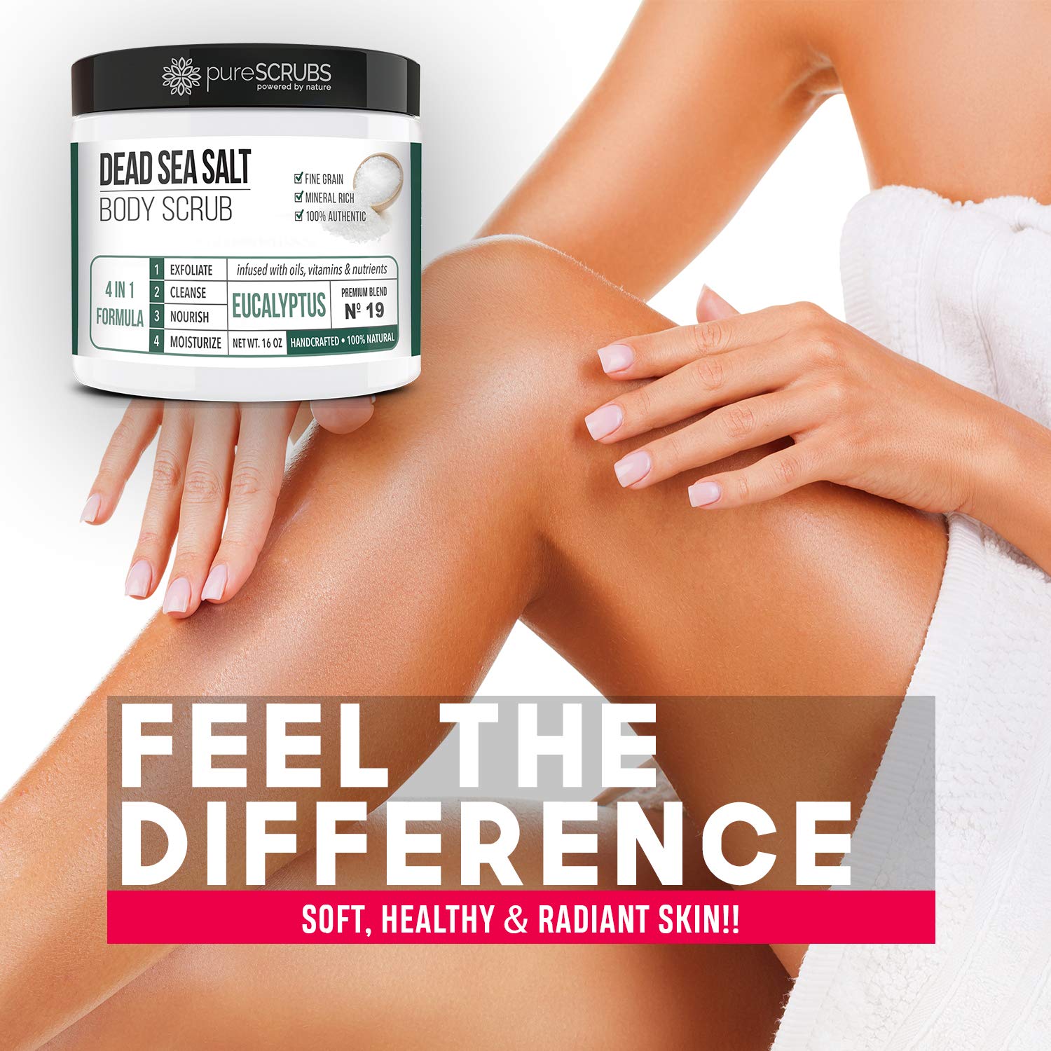 PureSCRUBS eucalyptus Dead Sea salt close-up shows natural ingredients