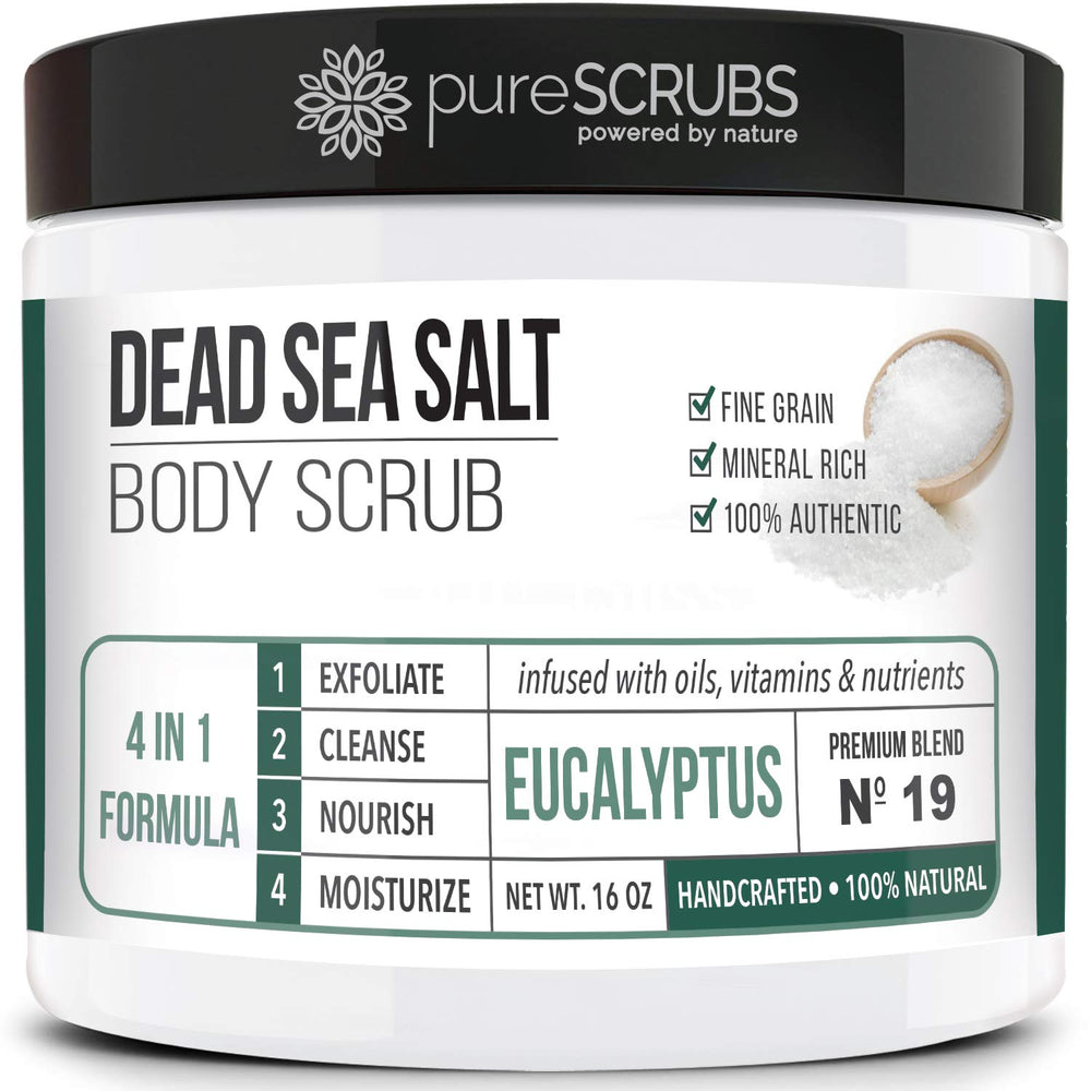 PureSCRUBS eucalyptus body scrub jar for smooth skin and spa-like scent