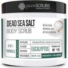 PureSCRUBS eucalyptus body scrub jar for smooth skin and spa-like scent