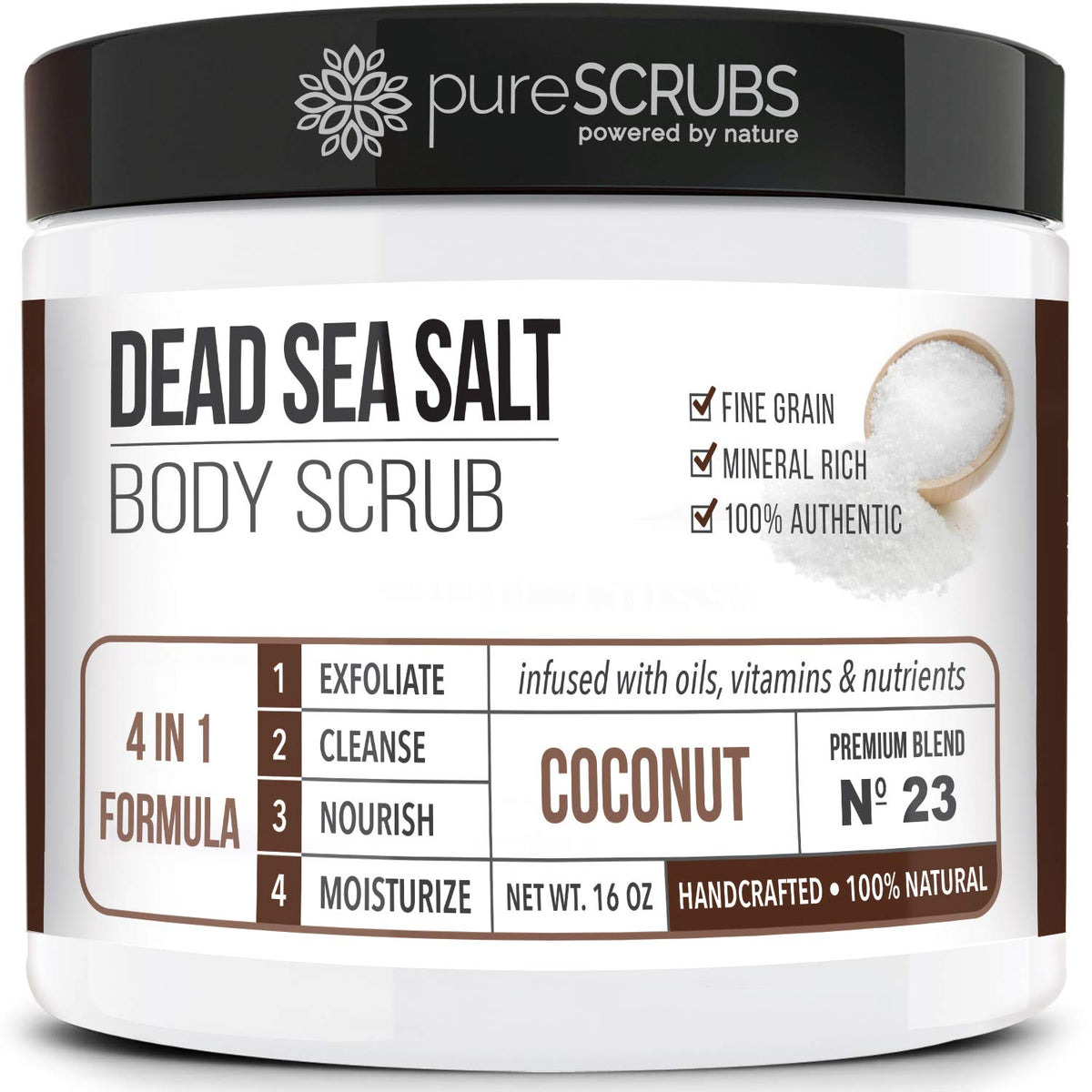 PureSCRUBS Premium Coconut Body Scrub jar, textured for nourished skin.