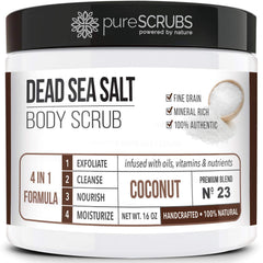 PureSCRUBS Premium Coconut Body Scrub jar, textured for nourished skin.