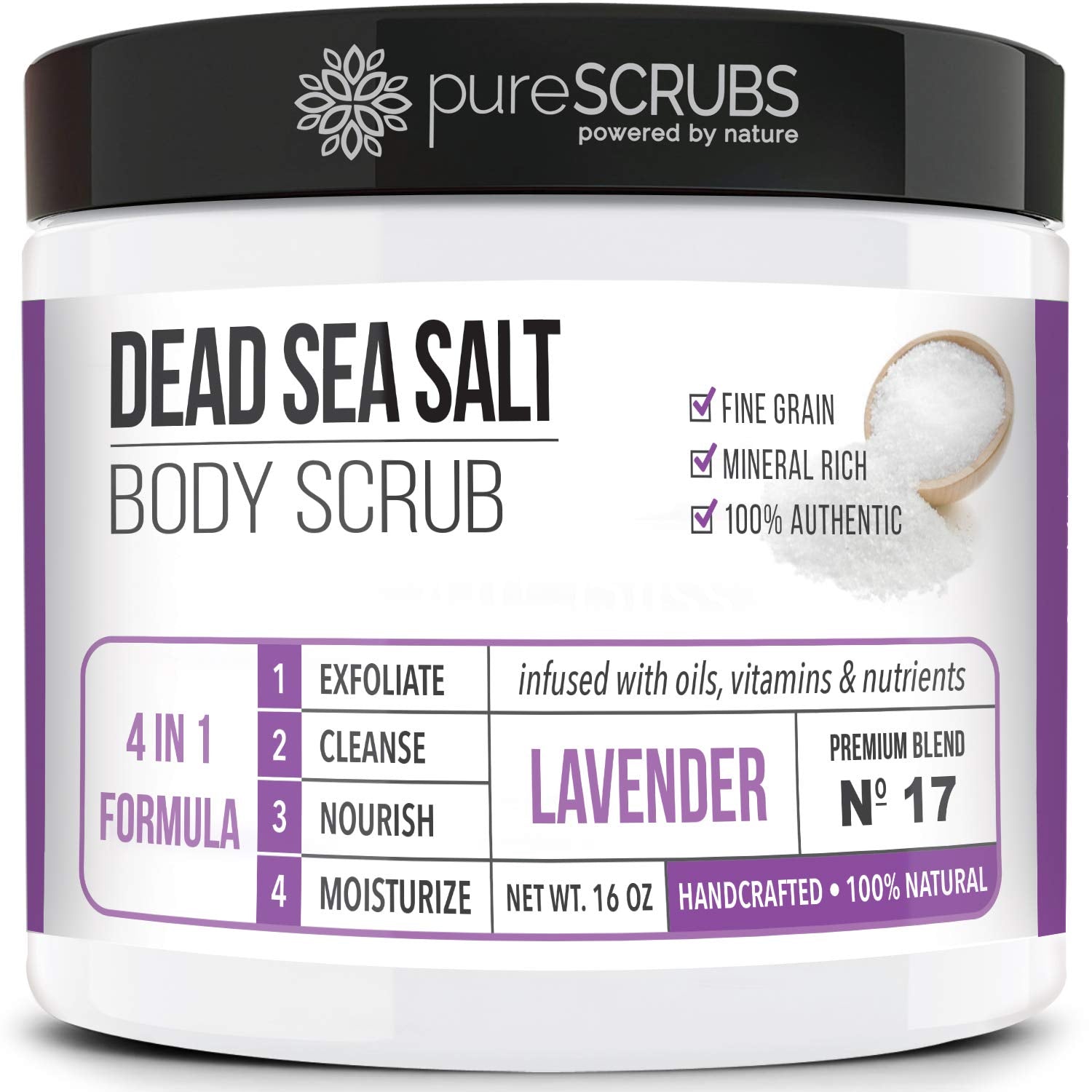 pureSCRUBS premium lavender body scrub jar—smooth, radiant skin after use