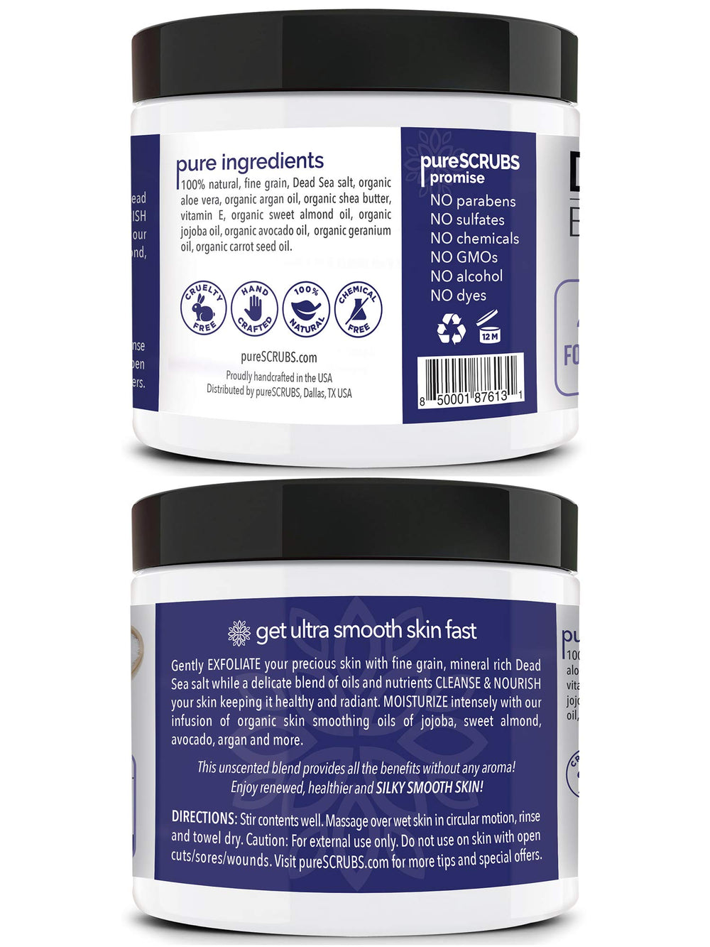 PureSCRUBS 4-in-1 formula closeup highlighting exfoliation, cleansing, nourishment and moisture