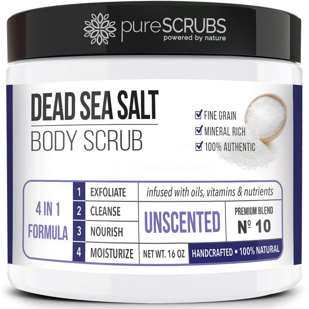 PureSCRUBS premium unscented body scrub jar closeup showing 16oz of exfoliating Dead Sea salt for smoother skin