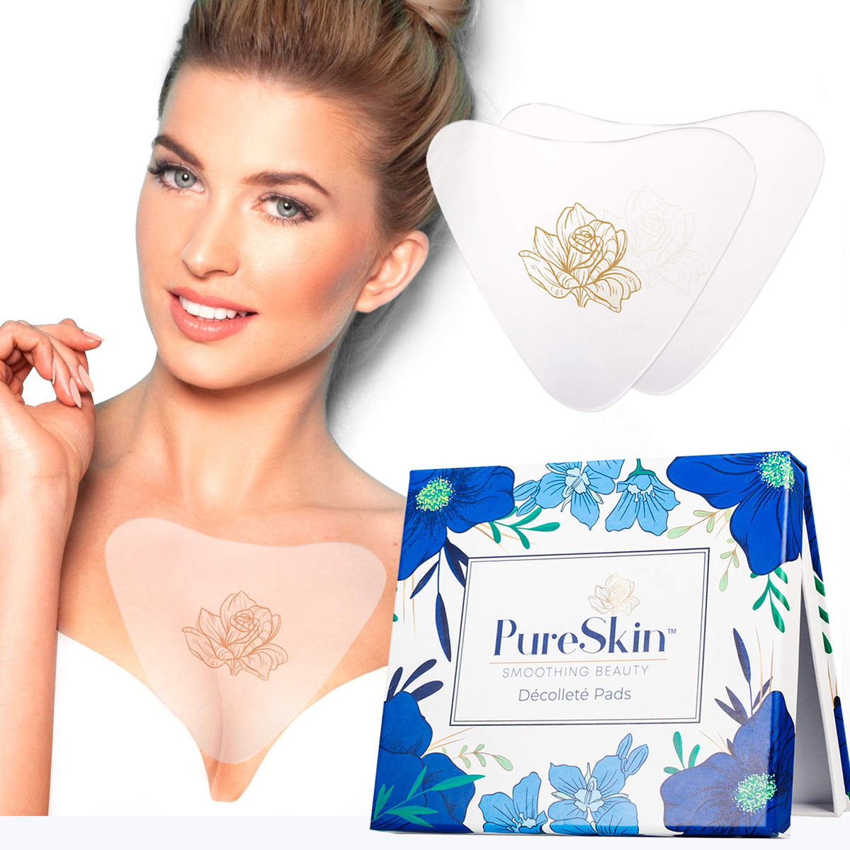 PureSkin chest wrinkle pad pack close-up showing silicone gel hydration