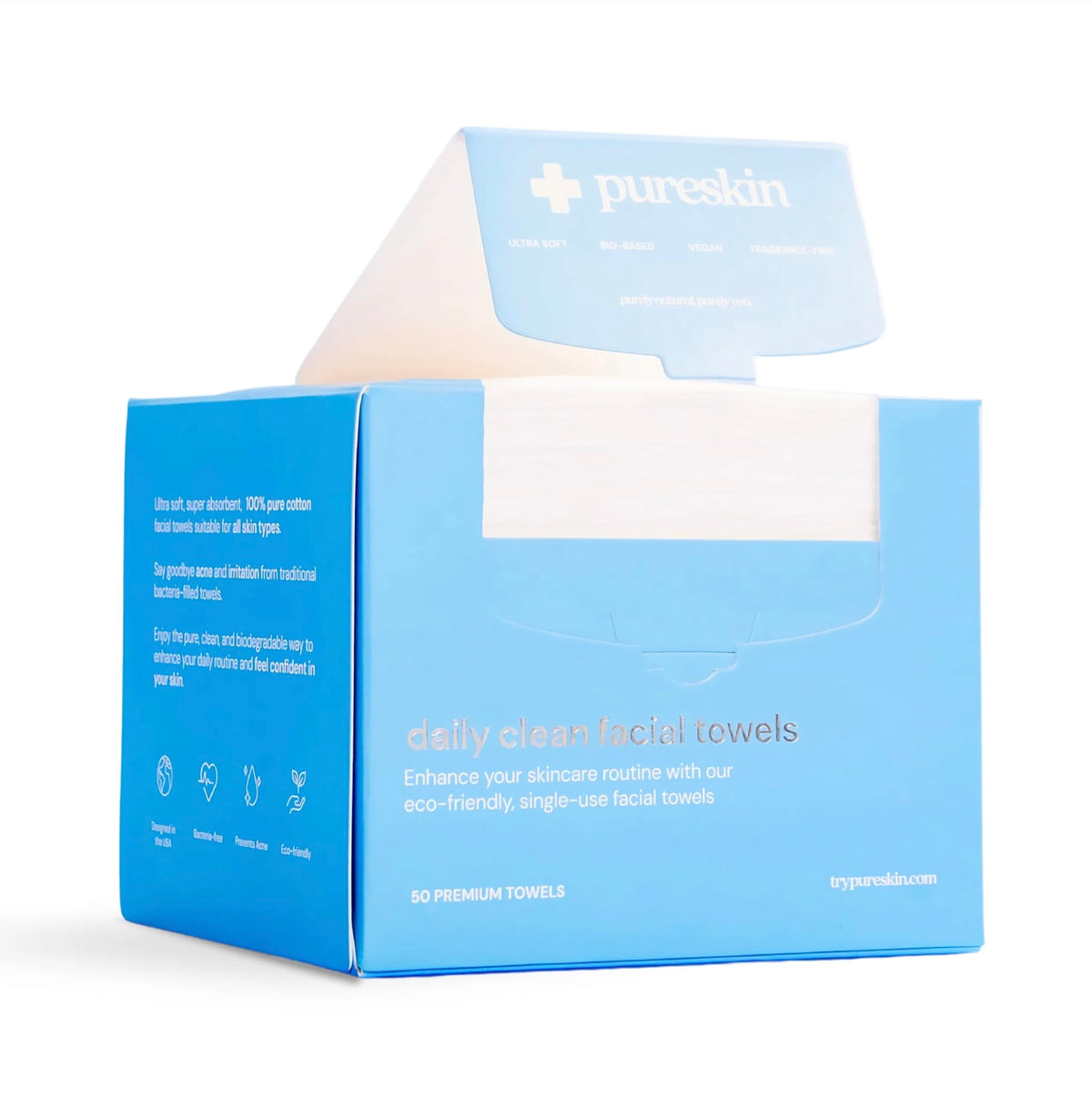 Pureskin Daily Clean towel packaging showcases eco-friendly design for convenient use.