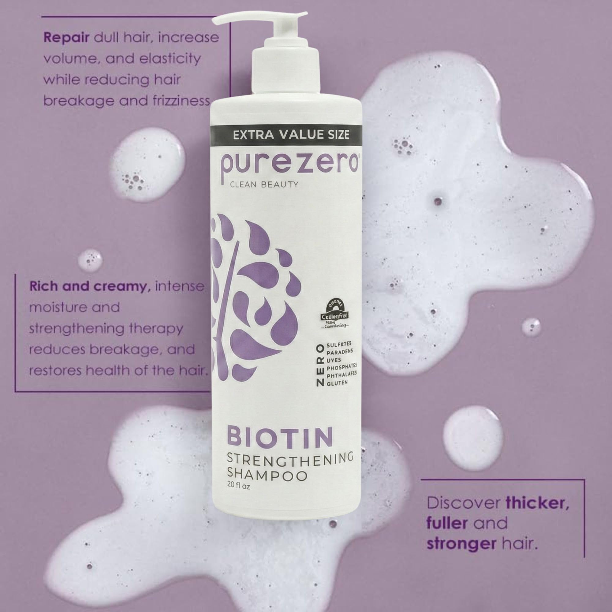 Purezero Biotin Conditioner bottle shown, designed to detangle and add natural shine