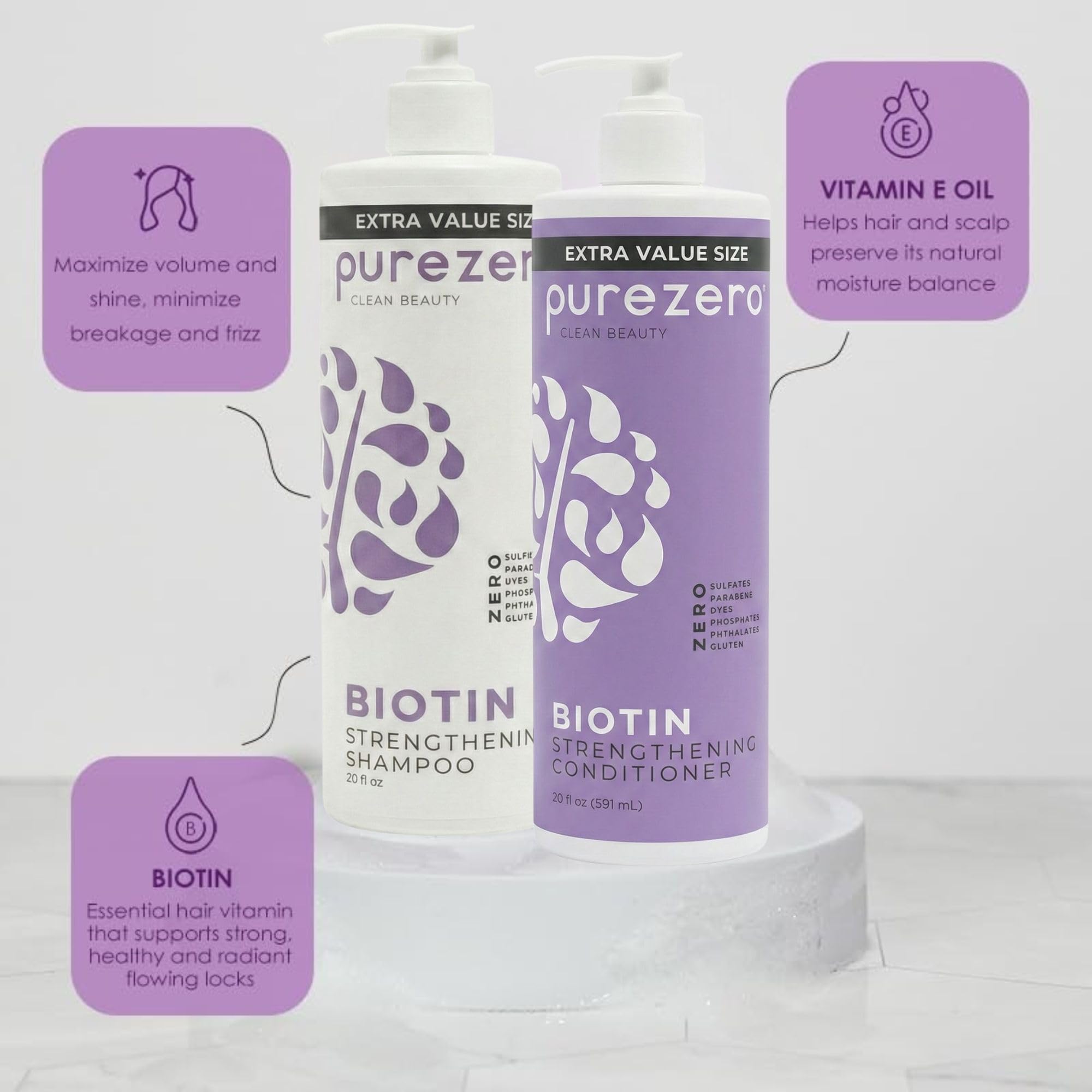 Close-up of Purezero Biotin Conditioner label highlighting cruelty-free and color-safe care