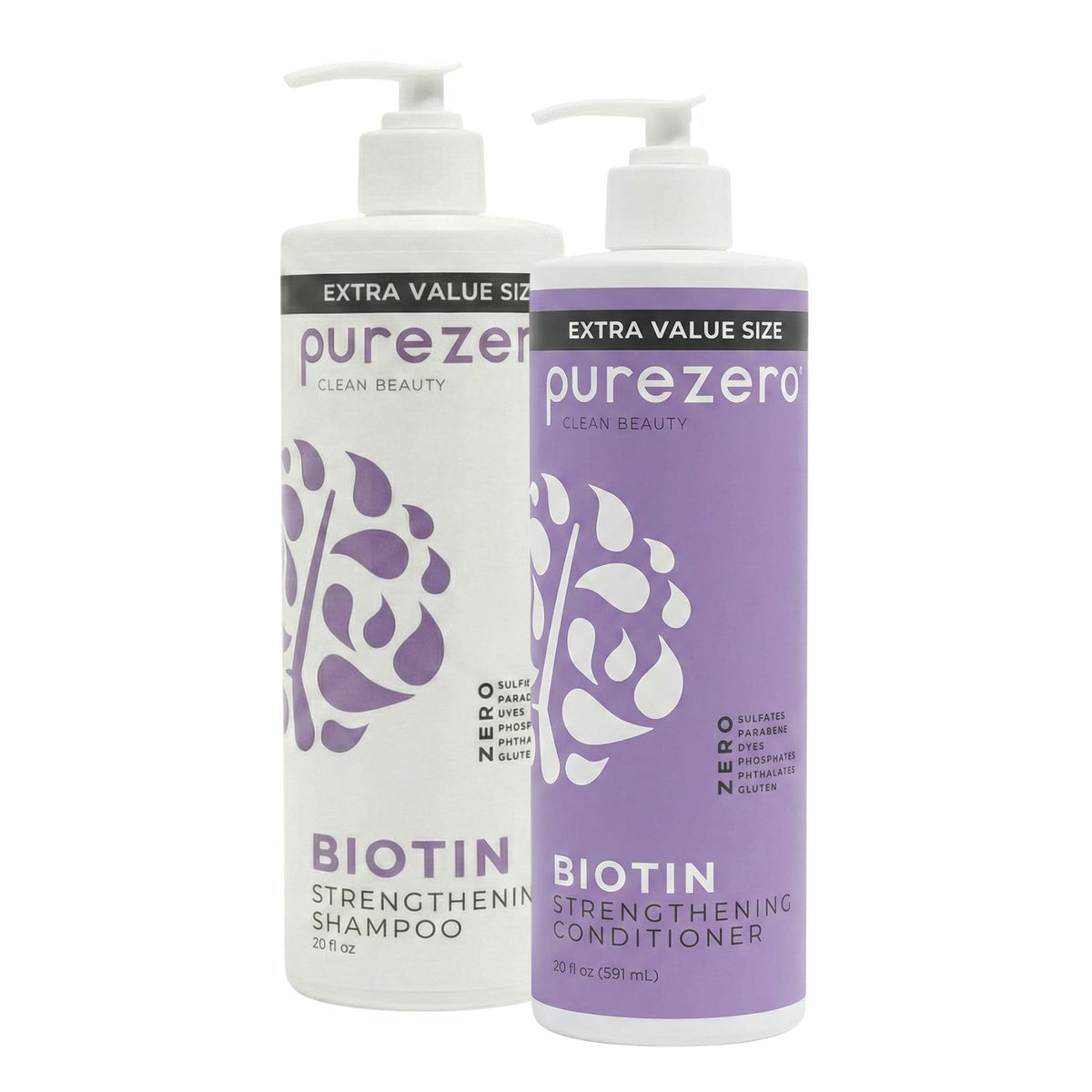 Purezero Biotin Shampoo bottle on display promoting fuller-looking, manageable hair