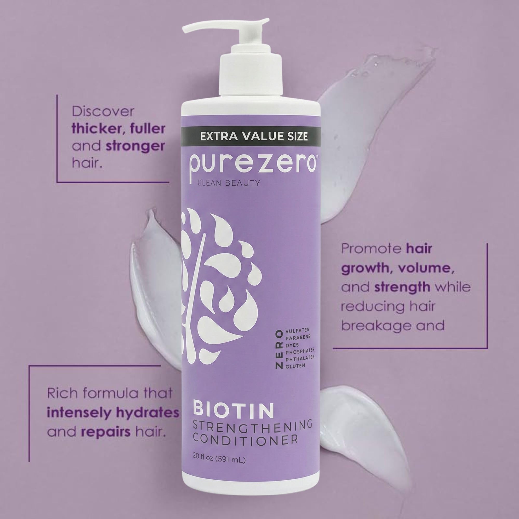 Close-up of Purezero Biotin Shampoo label highlighting zero sulfates and vegan formula