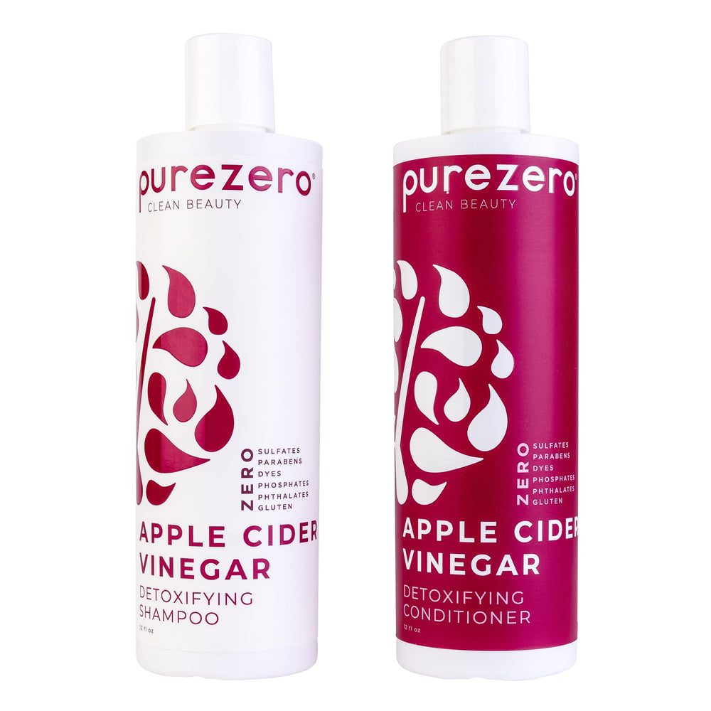Purezero champú con vinagre de sidra, botella en primer plano, promueve detox del cuero cabelludo