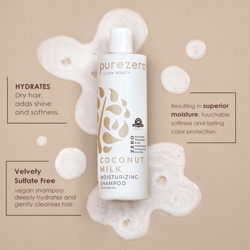 Acondicionador Purezero botella con leche de coco: brillo suave y sedoso.