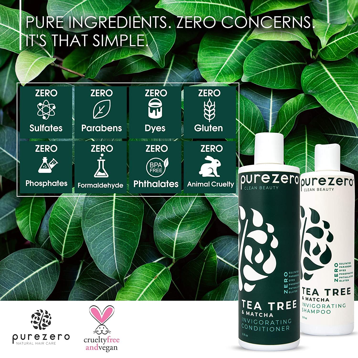 Purezero Champú Tea Tree Matcha, uso diario para sensación de frescura