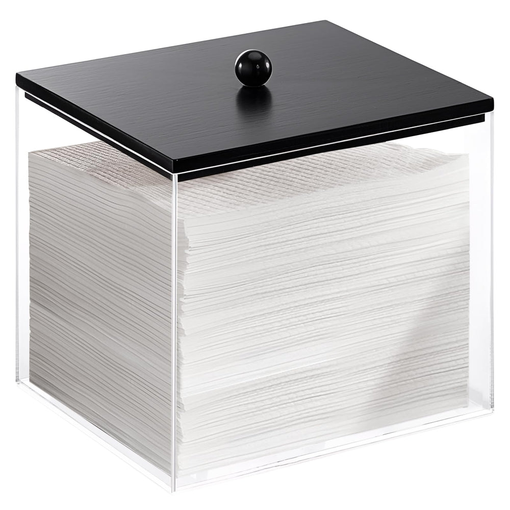 Puricon acrylic facial towels holder with clear bin and black wood lid keeps towels dry and accessible.