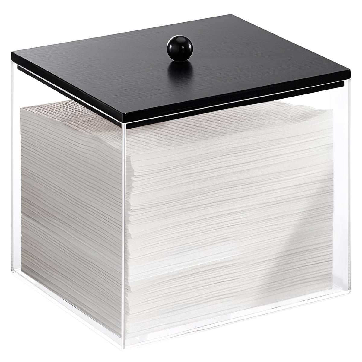 Puricon acrylic facial towels holder with clear bin and black wood lid keeps towels dry and accessible.