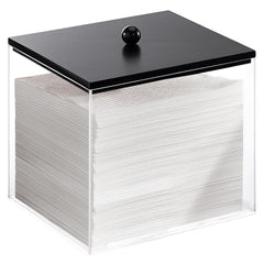 Puricon acrylic facial towels holder with clear bin and black wood lid keeps towels dry and accessible.