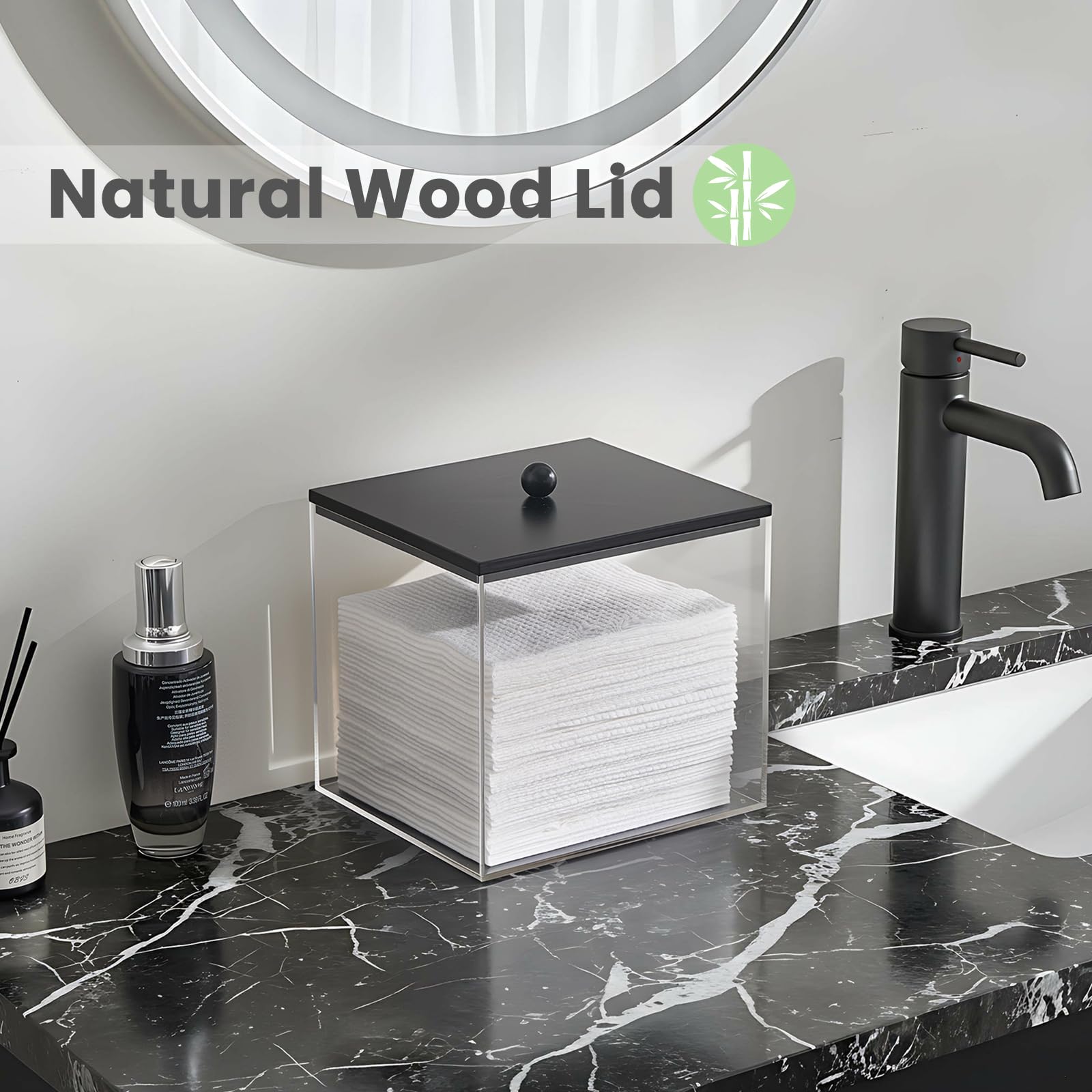 Puricon acrylic facial towels holder with clear bin and natural wood lid keeps towels dry and accessible.