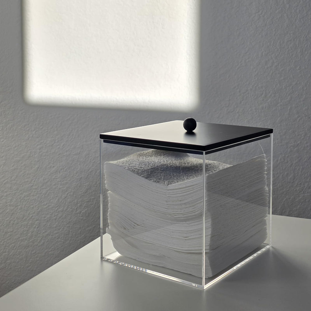 Puricon clear acrylic bin for facial towels with natural wood lid keeps towels visible.