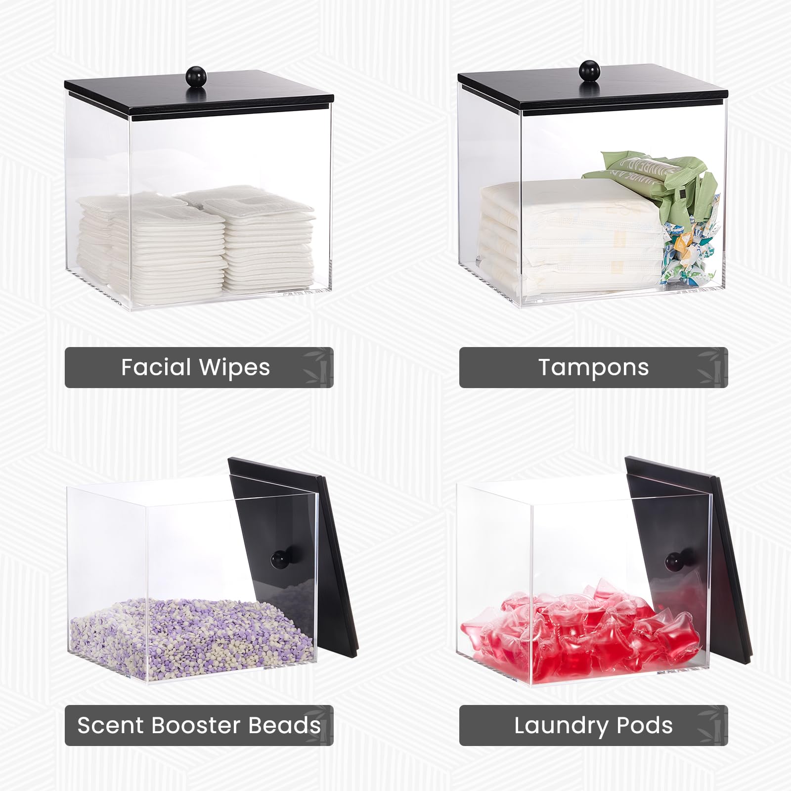 Puricon durable acrylic bin for facial towels on the counter with black lid.