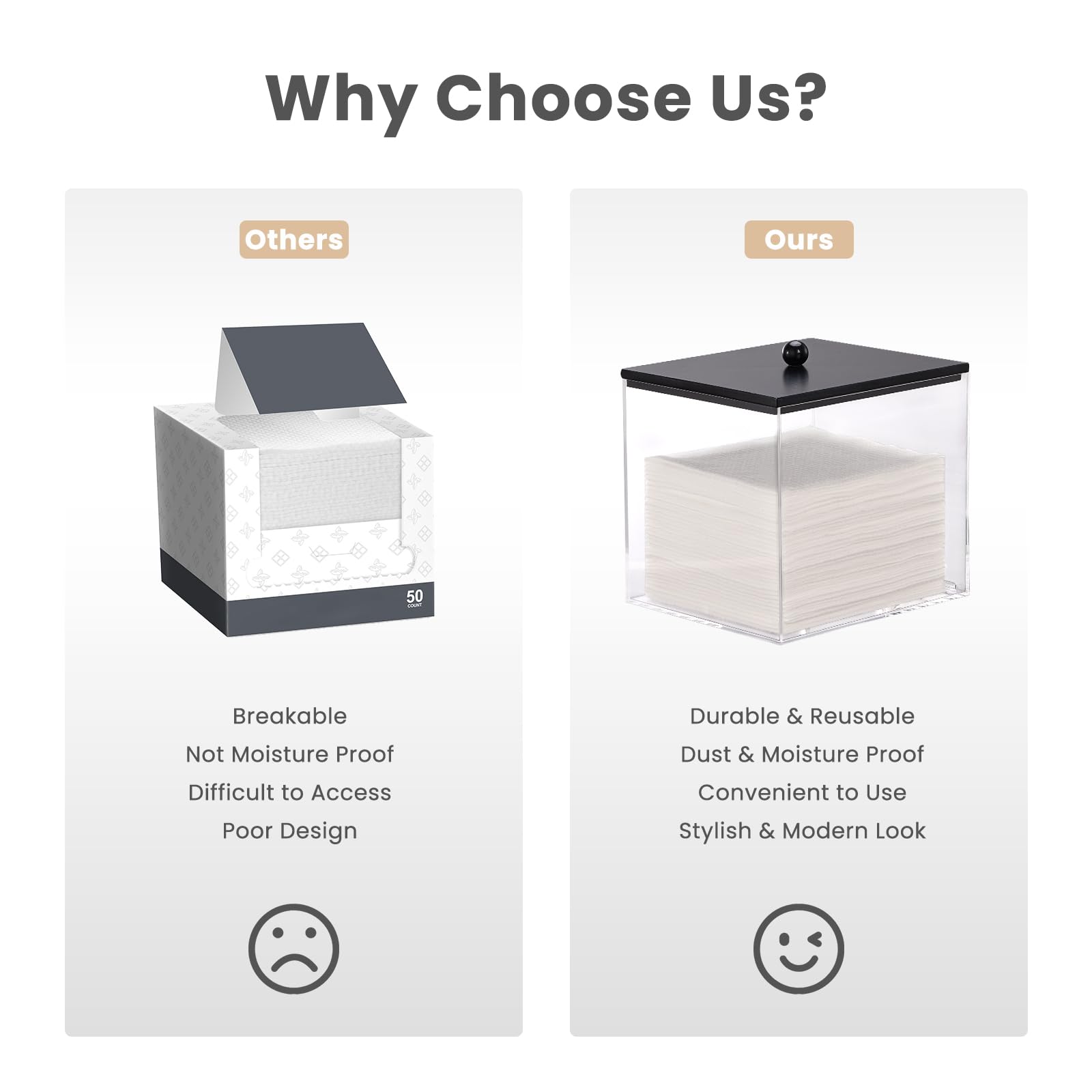 Puricon clear acrylic bin with wood lid adds stylish, dust-free storage for towels.