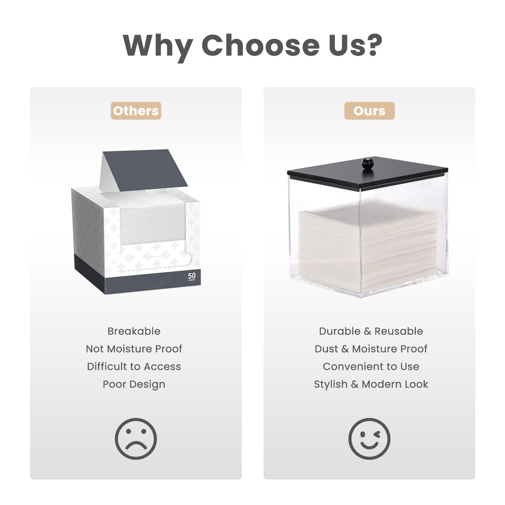 Puricon clear acrylic bin with wood lid adds stylish, dust-free storage for towels.