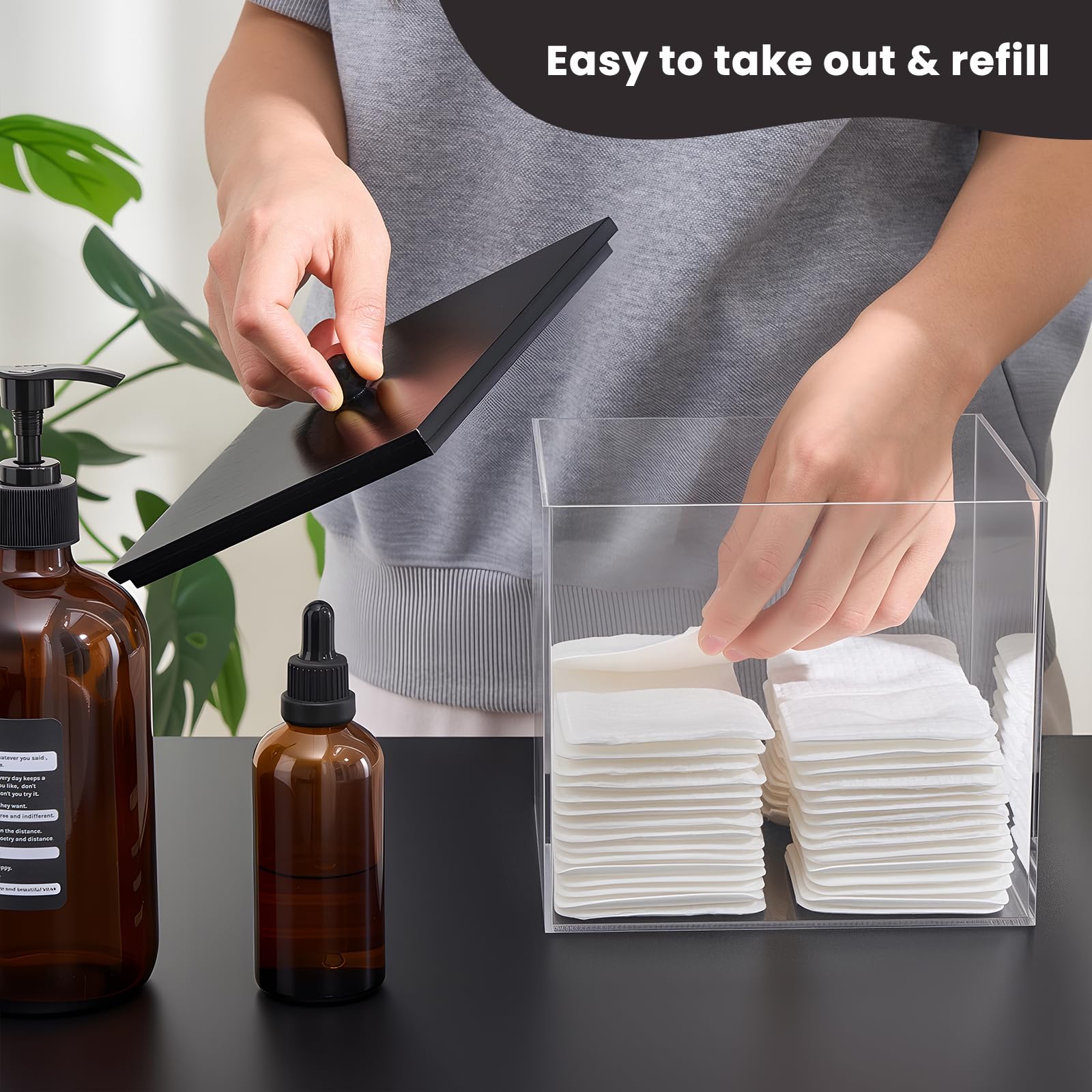 Puricon countertop towel holder with clear bin and black wood lid for easy access.
