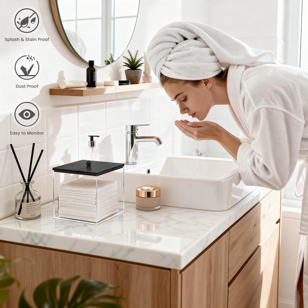 Puricon countertop towel holder with clear bin and natural wood lid blends with decor.