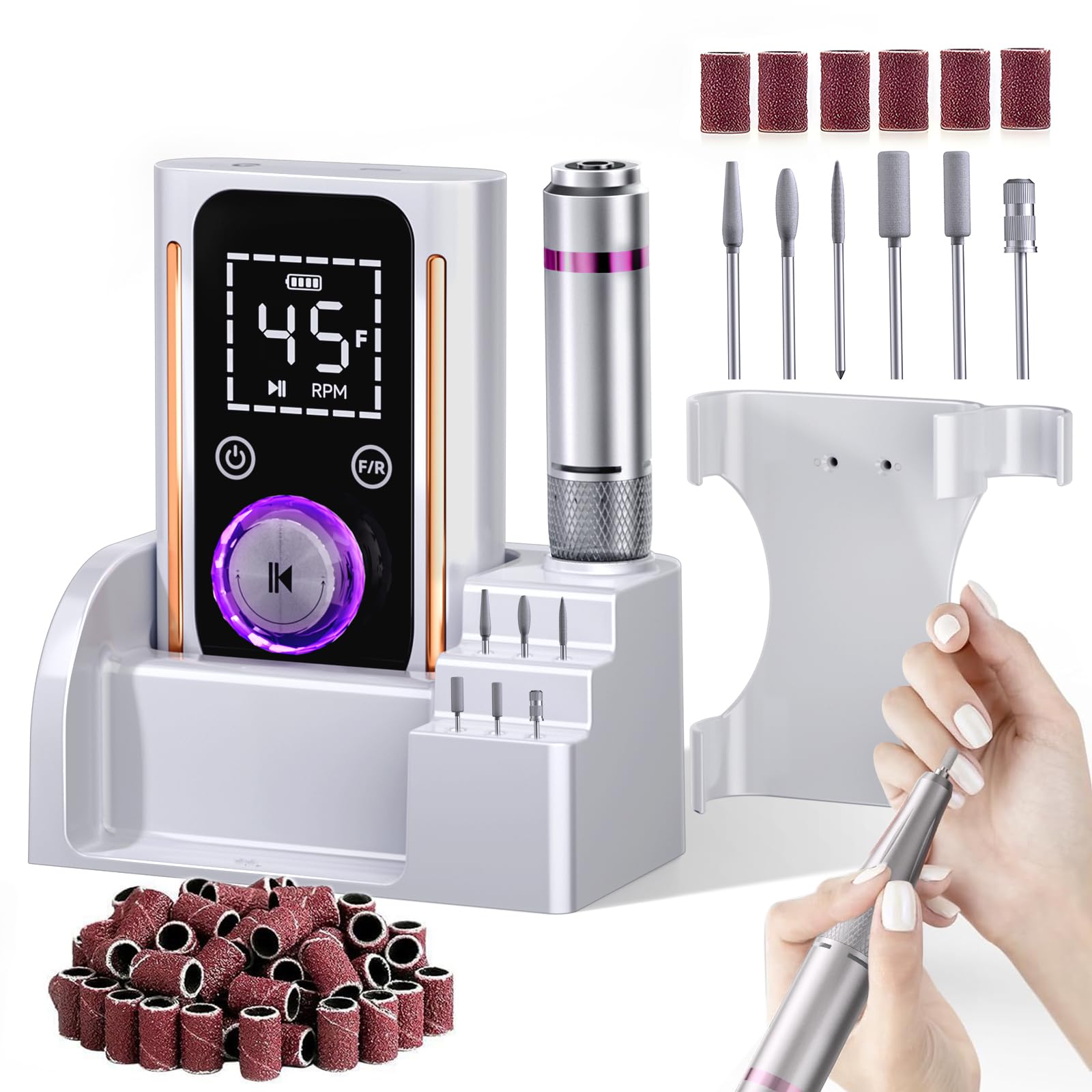 Puriom nail drill front view highlights compact portable design for on-the-go manicures.