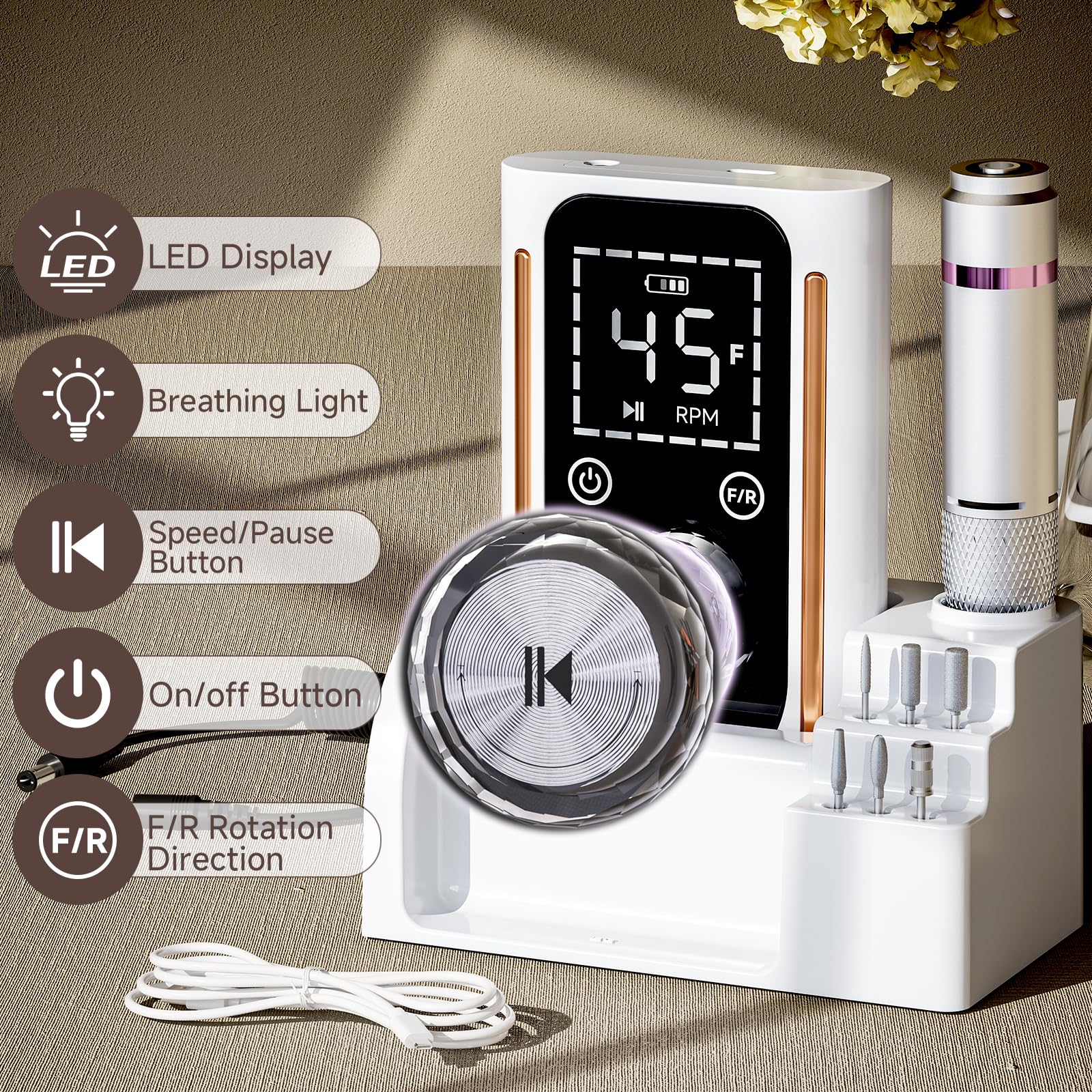 Puriom nail drill with USB charging demonstrates rechargeability for convenient outdoor sessions.