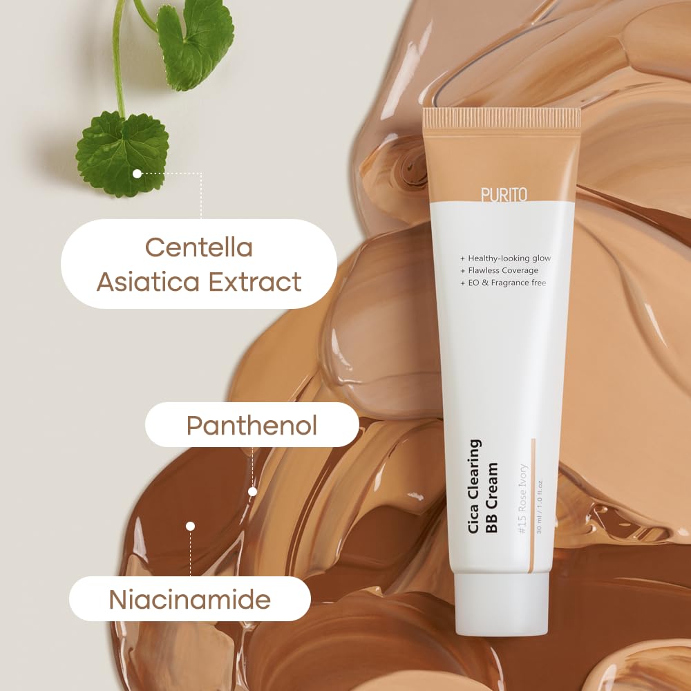 Purito Cica Clearing BB Cream 21, contiene centella asiática calmante.