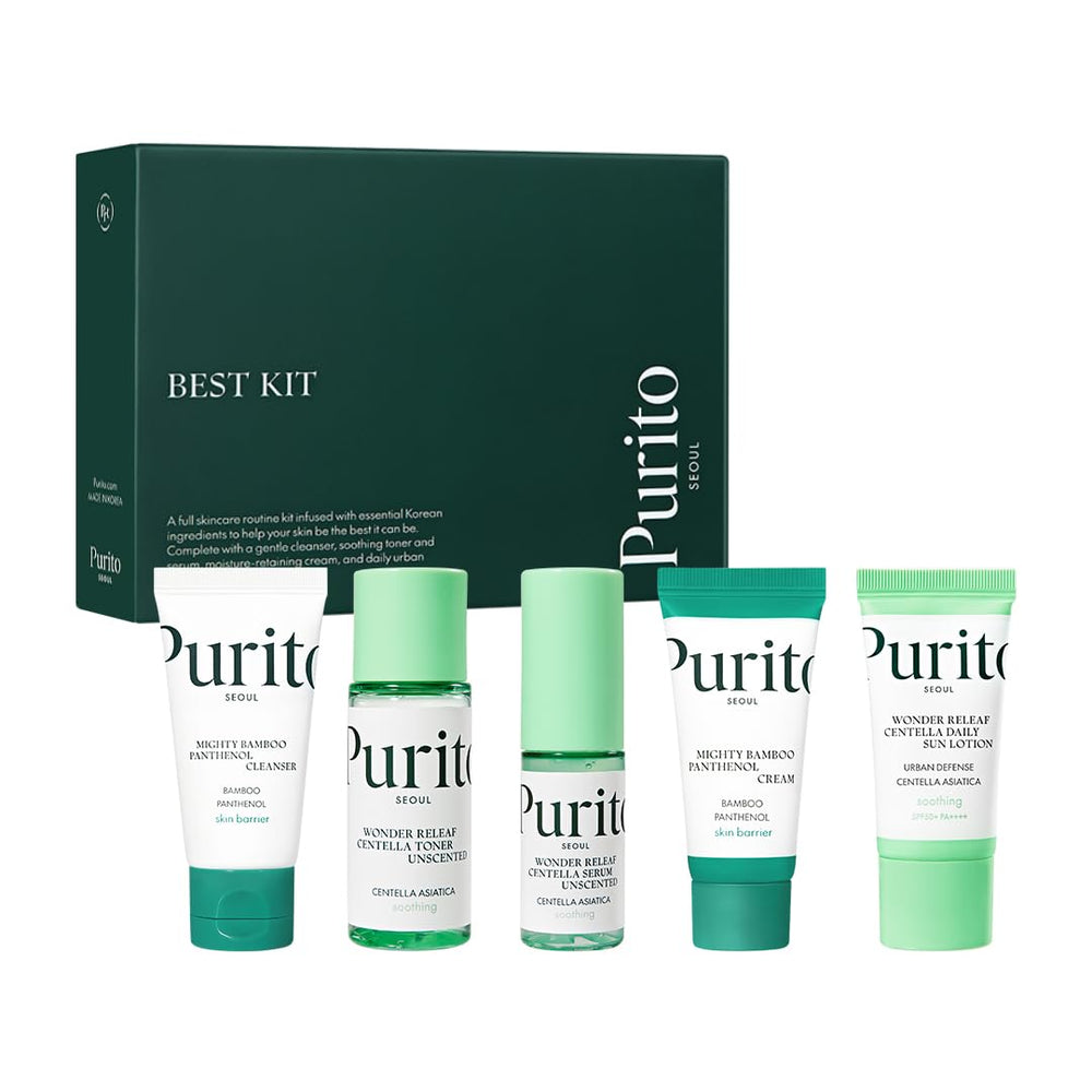 Purito Seoul Best Kit limpiador con panthenol para limpieza suave y confortable.