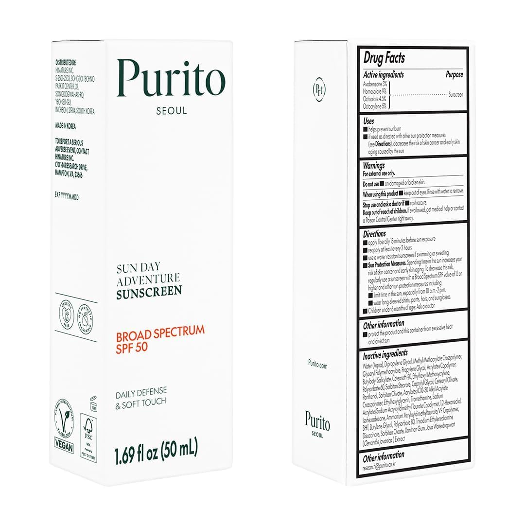 PURITO Sunscreen apto para todos los tipos de piel, ligero y no comedogénico.