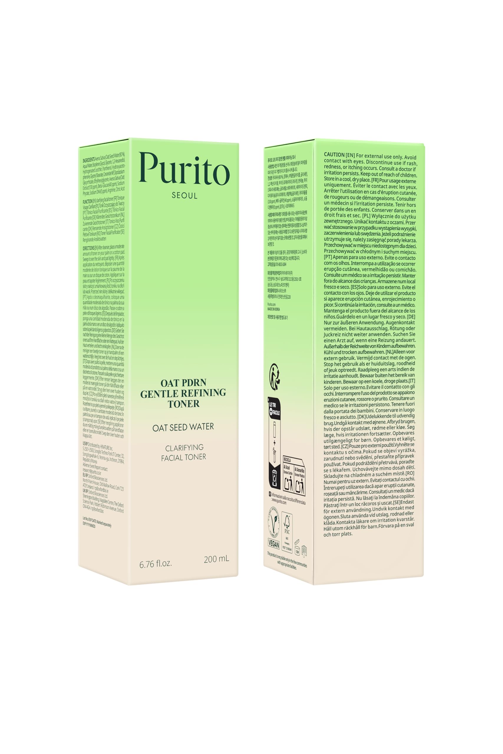 PURITO tonico de avena PDRN, refuerza la barrera cutánea durante el día.